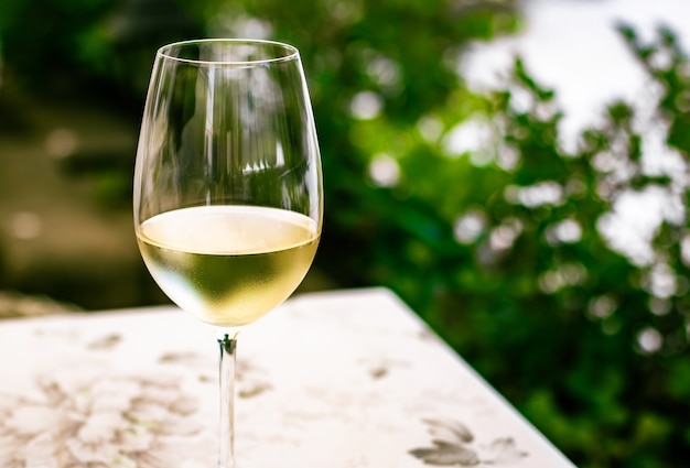 Vin blanc dans un restaurant de luxe sur une terrasse de jardin d'été Expérience de dégustation de vins dans une cave dans la vi...