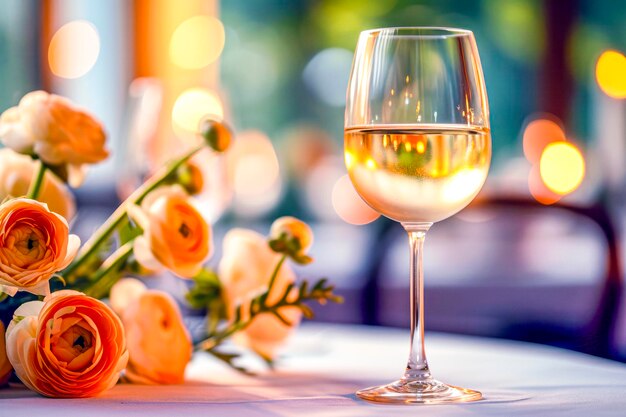 Un vin blanc élégant et des roses orange