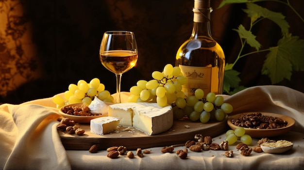 Vin blanc avec fromage miel noix et raisins
