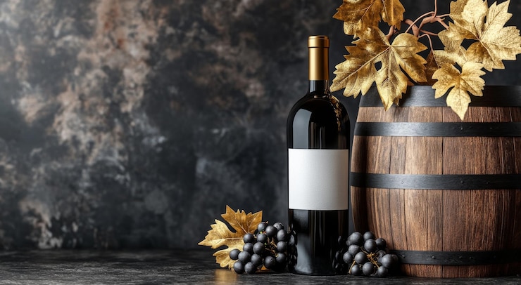 Photo vin de bordeaux avec des feuilles de vigne en bouteille