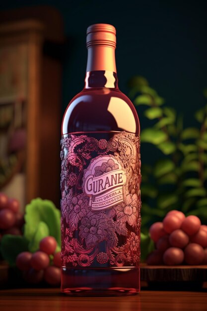 Vin de cassis dans une bouteille sur table en bois Alcool doux fabriqué à partir de nombreuses variétés berr Generative AI