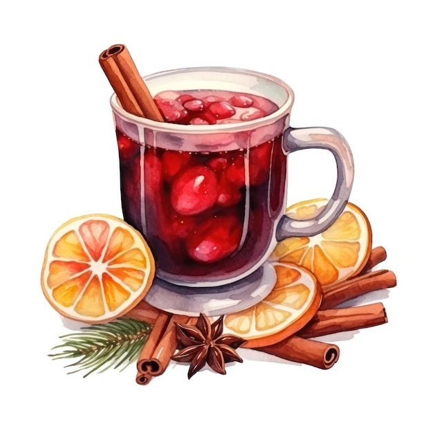 Vin chaud à l'aquarelle d'une bouteille avec de la cannelle, de la vanille et de la pomme