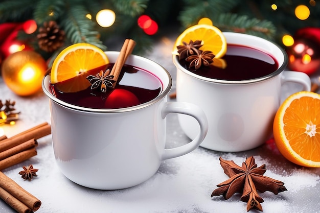 Photo vin frais dans des tasses en métal blanc avec des épices de cannelle et d'orange avec un sapin et des lumières de noël boisson traditionnelle pendant les vacances d'hiver