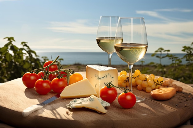 Un vin et un fromage rustique étalés sur une table en bois