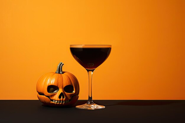 Vin d'Halloween ou cocktail sans alcool rouge sur fond minimal orange et noir Espace de copie AI générative