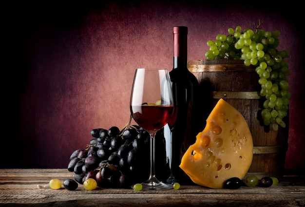 Vin avec maasdam et raisin près d'un tonneau en bois