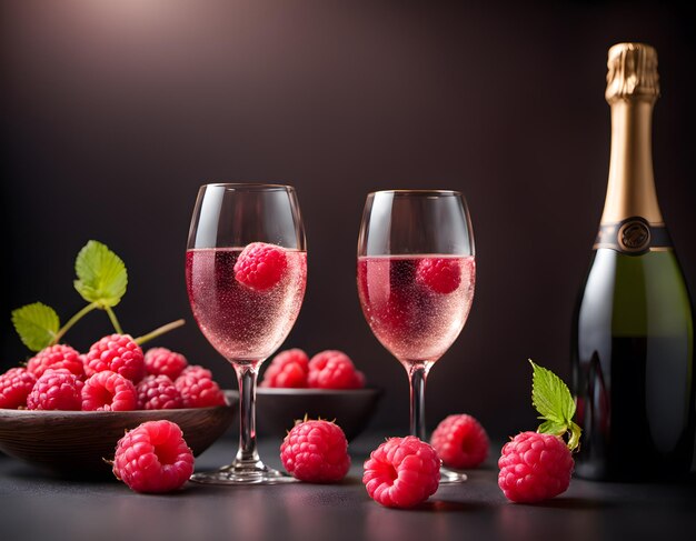 Vin mousseux avec un morceau de framboise à l'intérieur de la tige longue AI générative