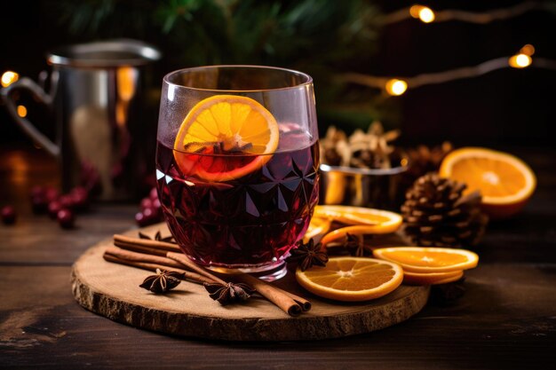 Vin rouge chaud aux épices et agrumes Boisson chaude traditionnelle au moment de Noël Illustration générative de l'IA