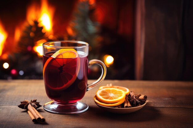 Photo vin rouge chaud de noël avec des épices et des fruits sur une table rustique en bois sur la toile de fond d'une cheminée brûlante boisson alcoolisée chaude traditionnelle pour noël