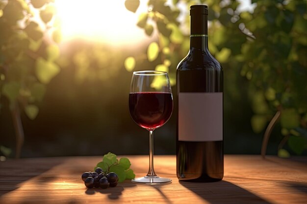 Vin rouge dans un verre de vin et une bouteille sur la table Paysage d'été Illustration IA générative