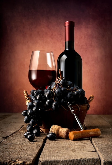 Photo vin rouge avec panier de raisin sur table