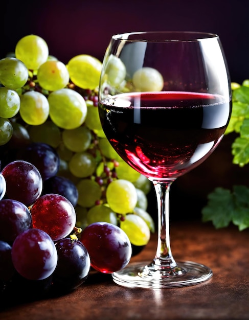 Vin rouge avec des raisins sur un fond sombre Focus sélectif ai génératif