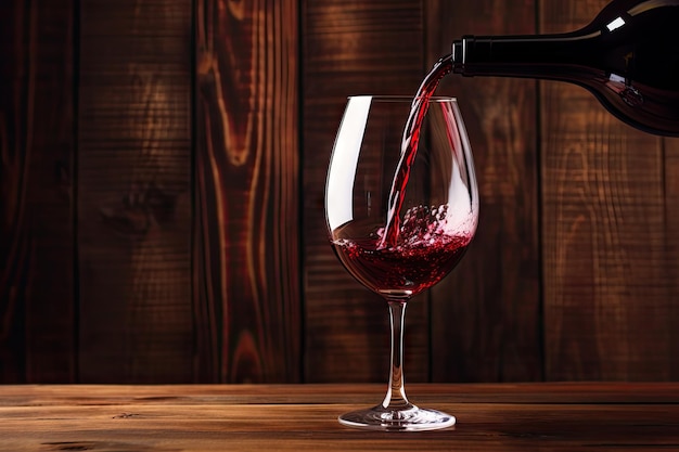 Vin rouge versé dans un verre sur fond de bois