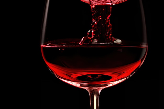 Vin rouge versé dans un verre sur un fond noir