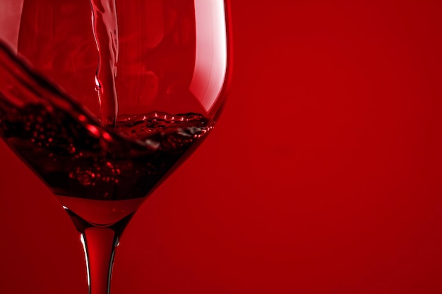 Vin rouge versé dans un verre sur fond rouge en gros plan verre de boisson de vin pour célébrer la date dîner en famille fête boutique de vin dégustation de vin concept d'espace de copie bannière de cave minimale