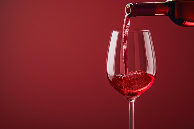 Vin rouge versé dans un verre sur fond rouge verre de vin avec bouteille Boisson pour célébrer une date dîner en famille fête boutique de vin dégustation de vin concept espace de copie bannière de cave minimale