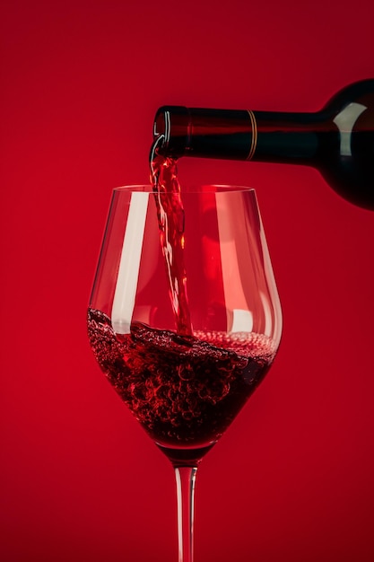 Vin rouge versé dans un verre sur fond rouge verre de vin avec bouteille Boisson pour célébrer une date dîner en famille fête boutique de vin dégustation de vin concept espace de copie bannière de cave minimale