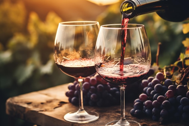 Vin tonifiant dans le vignoble versant du rouge dans des verres