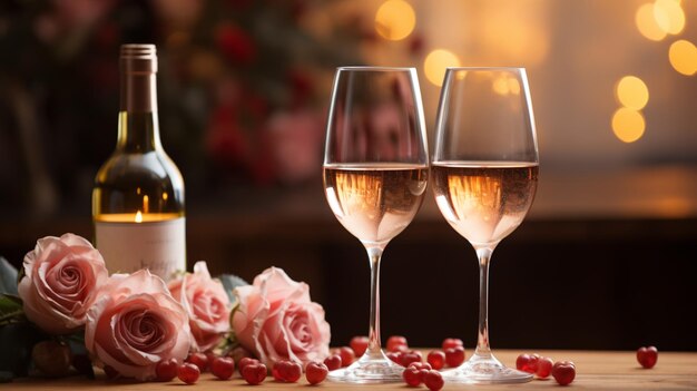 Le vin de Valentin et le cœur de rose en arrière-plan