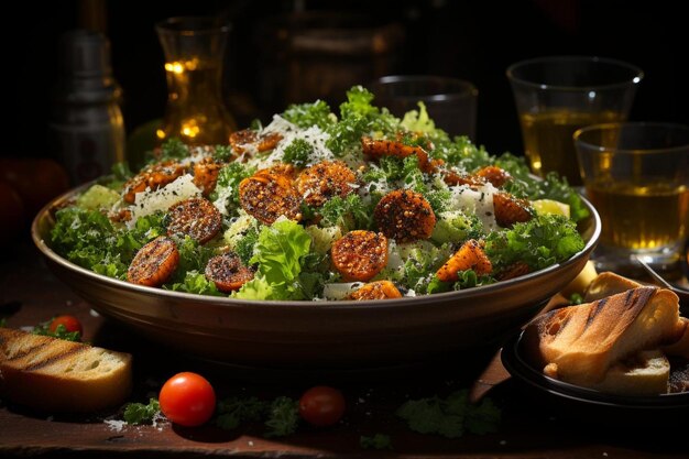 Le vinaigre de salade classique de poulet César versez des croutons et du poivre sur un fond noir 660jpg