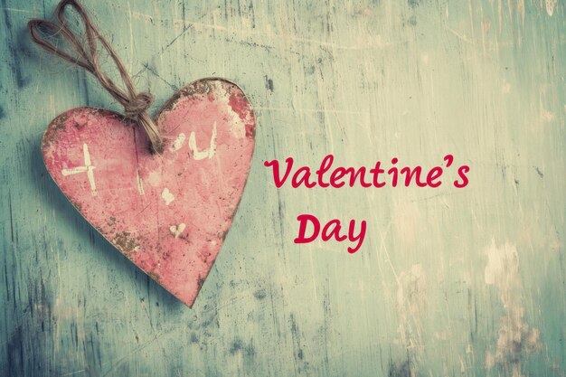 Photo vintage en bois en forme de cœur rose avec un texte élégant sur la saint-valentin design romantique fait à la main et fond grungy concept de carte vacances d'amour heureux grunge et romance