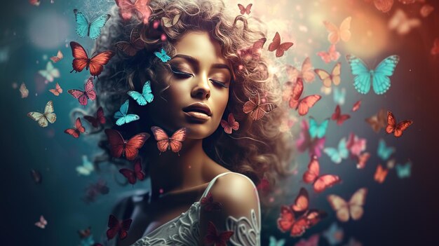 Photo vintage de la couleur fanée femme avec des papillons