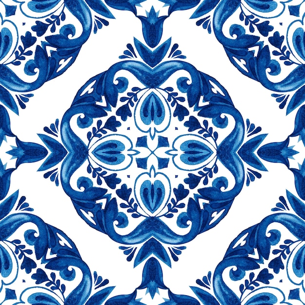 Vintage damassé indigo carreaux conception de peinture arabesque aquarelle ornementale sans couture. Art céramique décoratif de luxe