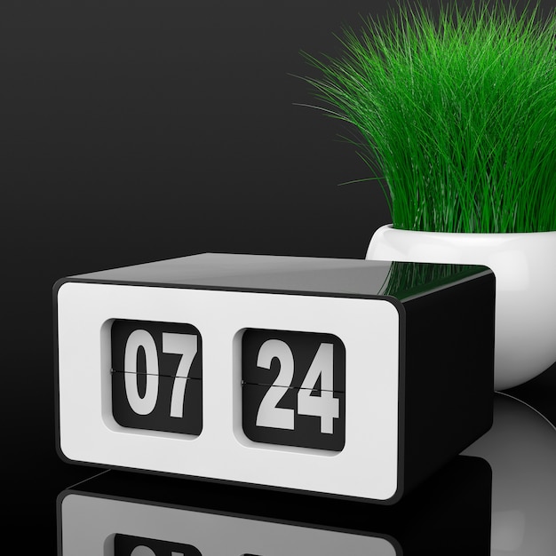 Vintage Flip Clock avec de l'herbe en pot de céramique blanche sur fond noir. Rendu 3D