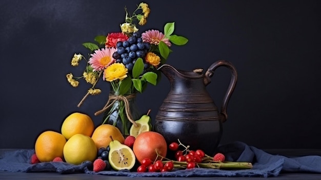 Vintage fruit rempli vase sur un fond sombre générer l'IA
