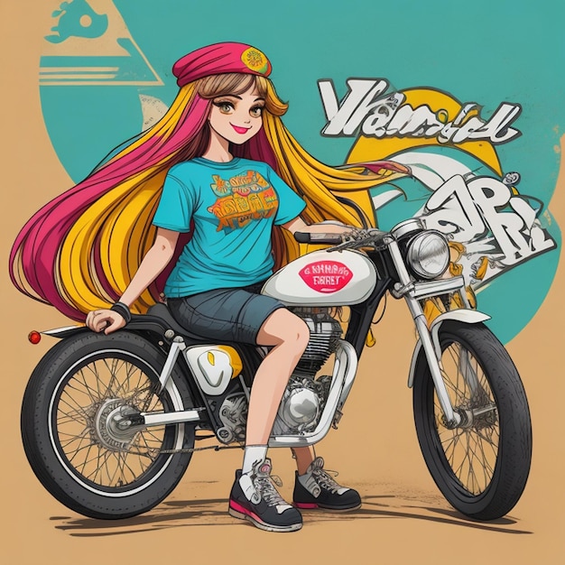 Vintage Goa Vibes Retro Royal Enfield Bike avec Hippy Girl Graffiti Art Tshirt Design avec cycle