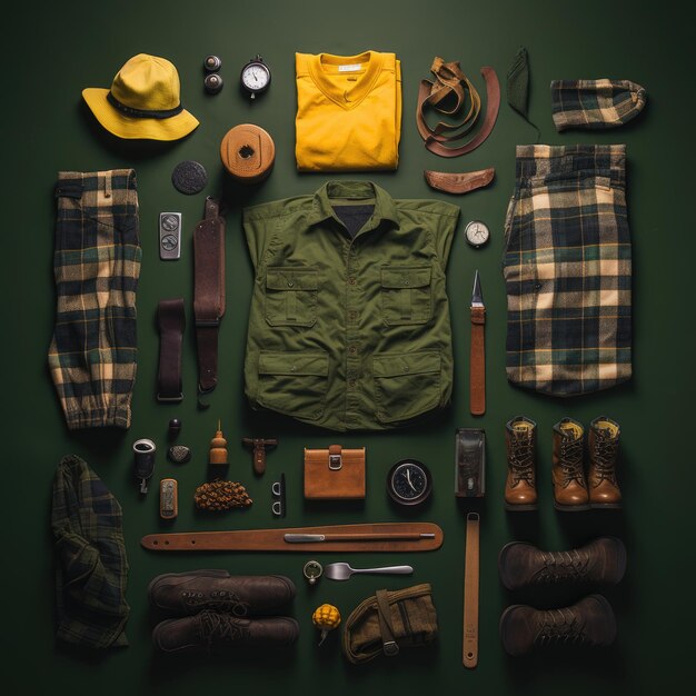 Vintage Knolling Flat Lays photo vue supérieure studio plat défi instagram vêtements à faible contraste veste