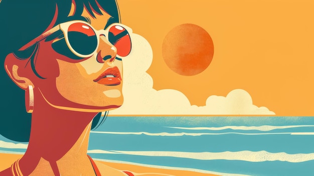 Vintage rétro des années 70 femme à la plage illustration avec des couleurs vives