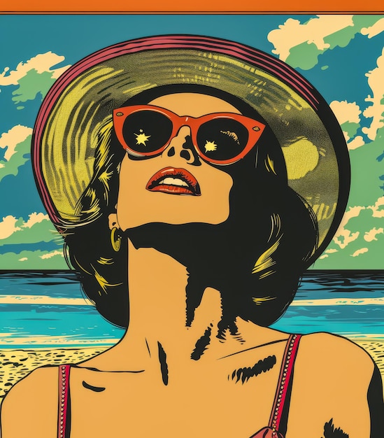 Vintage rétro des années 70 femme à la plage illustration avec des couleurs vives