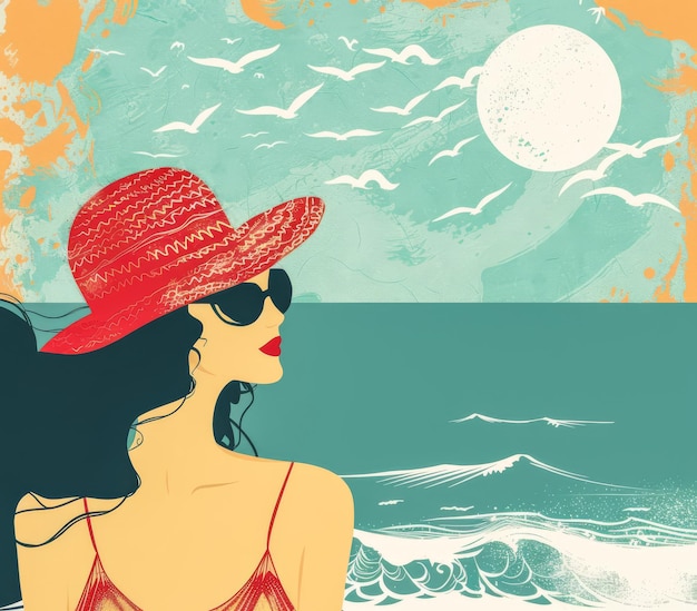 Vintage rétro des années 70 femme à la plage illustration avec des couleurs vives