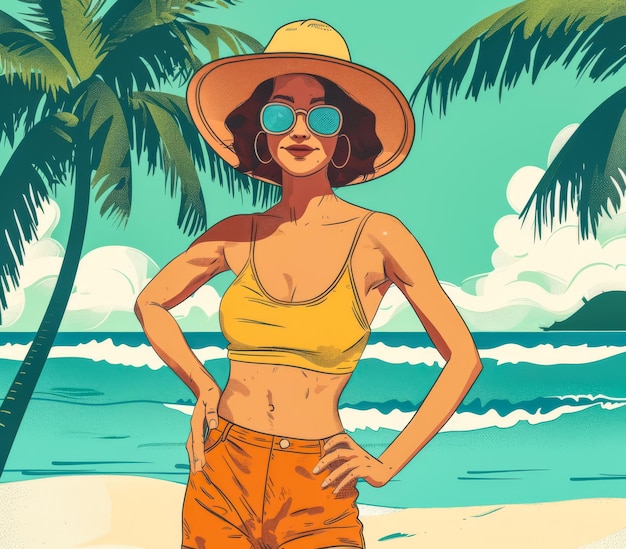 Vintage rétro des années 70 femme à la plage illustration avec des couleurs vives