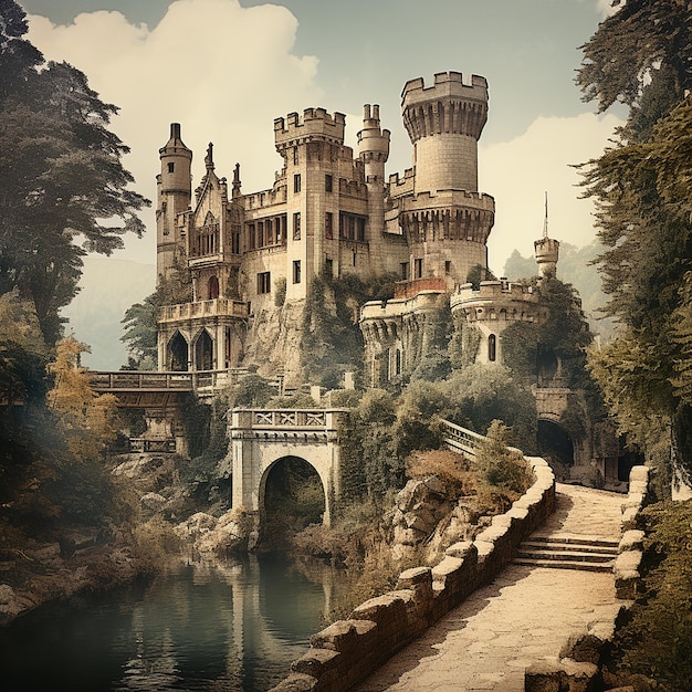 Vintage rétro vieux château anglais dans la forêt murs de pierre tours couvertes de carte postale de lierre