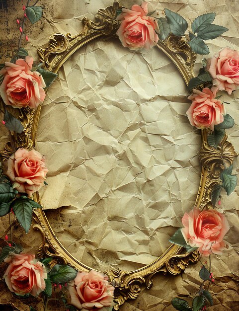 Photo vintage romantique avec un cadre baroque doré et des roses page de journal de déchets