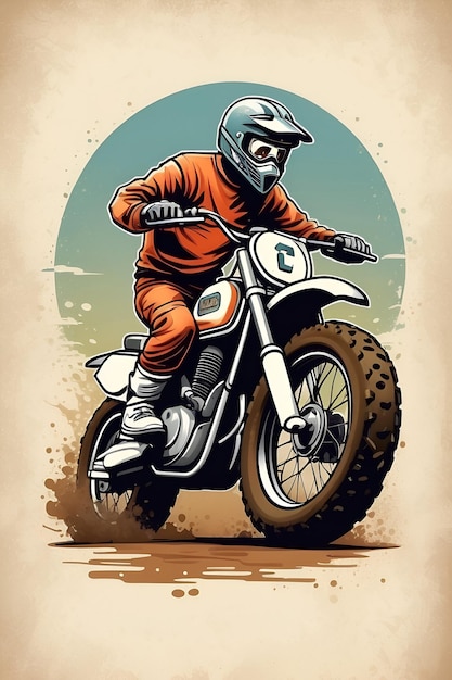 Vintage Vibe Retro Dirt Bike Cartoon avec des textures en détresse au design classique et une couleur nostalgique