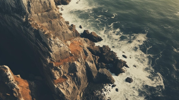 Vintage vue aérienne de la falaise avec la palette de couleurs de l'océan et de la terre