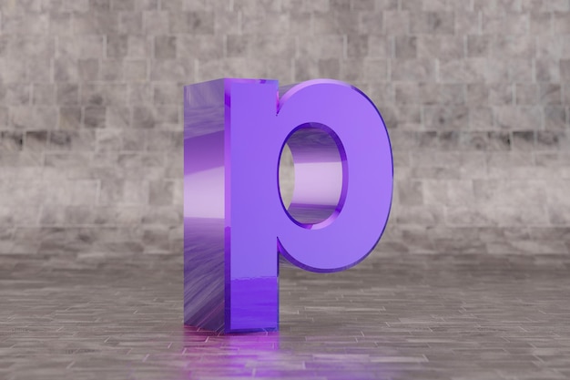 Violet 3d lettre P minuscule. Lettre indigo brillant sur fond de tuile. Alphabet métallique avec des reflets lumineux de studio. Caractère de police rendu 3D.