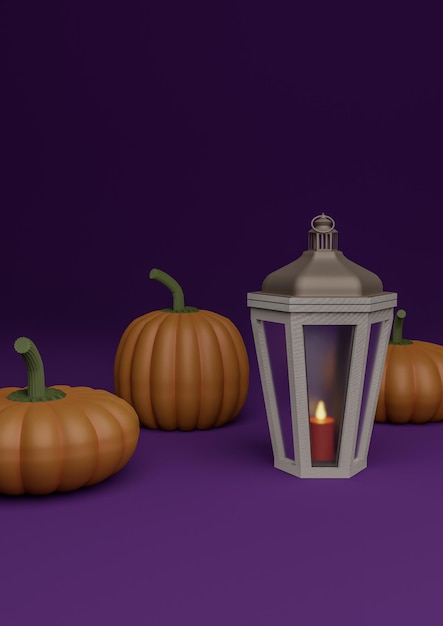 Violet violet foncé illustration 3D automne automne automne sur le thème de l'Halloween présentoir de produit fond de podium ou fond d'écran avec citrouilles et lanterne avec bougie à l'intérieur de la photographie de produit verticale