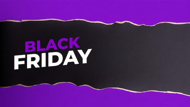 Photo violet vue de dessus du papier déchiré concept du vendredi noir bannière de réduction de composition du vendredi noir