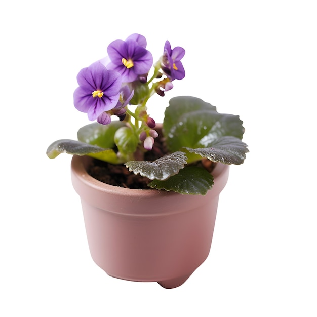 Violettes de fleurs dans un pot isolé sur fond blanc