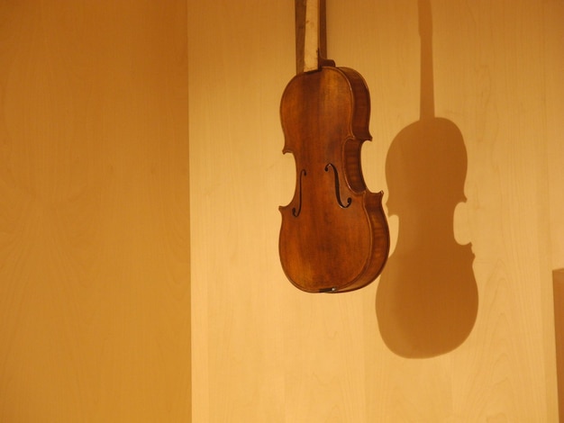 Photo le violon accroché au mur jaune