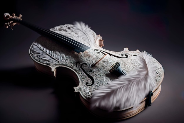 Violon blanc avec des plumes blanches sur un fond sombre pailleté Generative AI