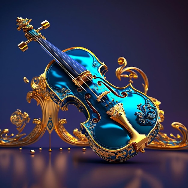 Un violon bleu et or avec des accents dorés et un archet doré.