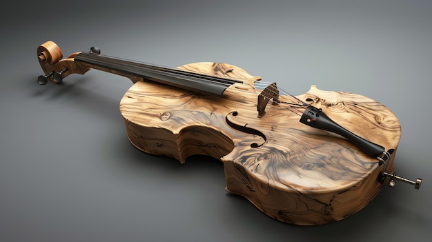 Un violon en bois se trouve sur un fond gris massif Le violon a un beau grain de bois naturel et est éclairé du côté gauche du cadre