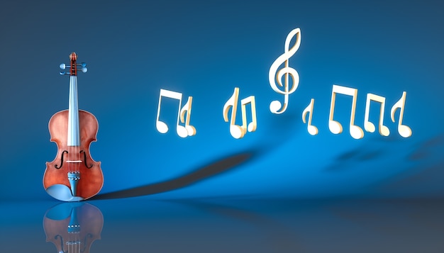 Violon classique avec des notes sur fond bleu, illustration 3d