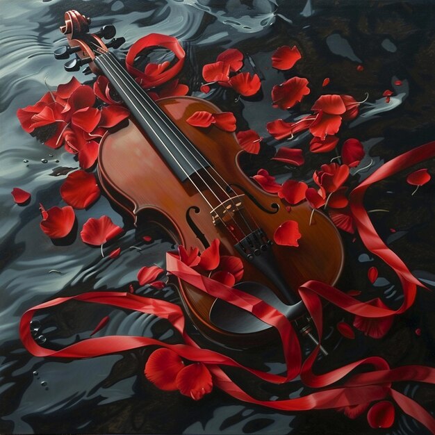 Violon décoratif avec un fond rouge et des taches d'encre