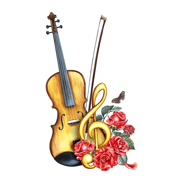 Un violon décoré de roses rouges et d'une clef à hauteur dorée L'illustration à l'aquarelle est dessinée à la main